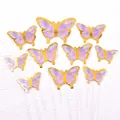Detailed view of elegant purple butterfly cake toppers featuring premium gold foil edges on sticks - 10 Pieces Set / Purple