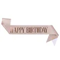 Macro-opname van de roségouden glitter sjerp met Happy Birthday-tekst - Roségouden Happy Birthday Sjerp