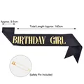Detailansicht der schwarzen Glitzerschärpe Birthday Girl mit Maßen und Sicherheitsnadel - Mädchen / 160x9.5cm (Mit Sicherheitsnadel) / Schwarz Gold