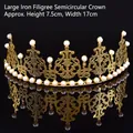 Elegante tiara grande de metal dorado con perlas, corona semicircular para tarta o novia - L / Dorado