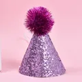 Purple glitter pet birthday hat with adjustable elastic strap for cats and dogs - Thick Glitter Pompom / Purple