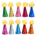Set of 10 colorful glittery mini party hats with yellow pom-poms on white background. - Gold Onion Ball Style / 10 Pieces Pack