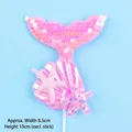 Detailed macro view of pink sequin mermaid tail cake topper showing exact size. - Pink