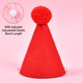 Red felt pet birthday party hat with adjustable white elastic strap and plastic fastener - Pom Pom Hat / Red