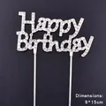 Close-up detail of silver rhinestone encrusted Happy Birthday cake topper decoration - Happy Birthday Text / 9x15cm / Silver