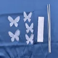 Detailed components of 5 white double-layer gauze butterflies with sticks and glue dots - Double-Layer Fabric Butterfly with Rhinestones / 5 Pieces Pack (With Sticks) / White