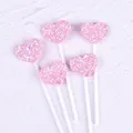 Five-piece set of pink glittery heart cake toppers for birthday and party dessert decoration - Heart Style / 5 Pcs Set / Pink