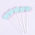 Detailed close-up of five light blue glitter heart cake toppers on white plastic sticks - Heart Style / 5 Pcs Set / Blue