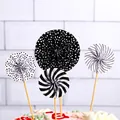 Close-up of black and white polka dot and striped paper fan cake toppers set - 4Pcs Set / Black