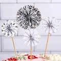 Set of 4 silver paper fan cake toppers with polka dots and stripes for birthday party decor. - 4Pcs Set / Silver