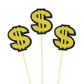 Gros plan de trois décorations de gâteau signe dollar doré pailleté sur bâtonnets - Style Dollar Double Couche / 3 pièces