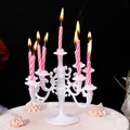 Elegant white plastic candelabra with pink striped candles for wedding cake decoration - White (With Candles)