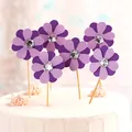 Elegant purple double-layer sunflower cake toppers with rhinestone center for birthday party - 6Pcs/Set / Purple