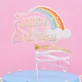 Sparkling rainbow cloud birthday cake topper with ribbons for festive party decor - Pink