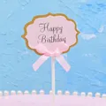 Pink Happy Birthday cake topper featuring a gold glitter border and a delicate silk bow. - Merry Birthday Style / 5 Pcs Set / Pink