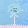 Elegant blue Happy Birthday cake topper decoration with ribbon bow and silver glitter border. - Merry Birthday Style / 5 Pcs Set / Blue