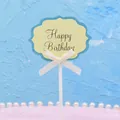 Elegant blue glitter Happy Birthday cake topper with yellow card and white ribbon bow - Merry Birthday Style / 5 Pcs Set / Beige