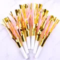 Gold and pink party blowers with metallic tinsel and white plastic mouthpieces - Double Layer Pink 6 Pieces