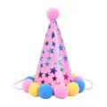 Pink glittery pet birthday cone hat decorated with blue stars and colorful pom-poms - Birthday Hat / Pink