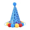 Blue pet birthday cone hat with shiny stars and colorful pom-poms for party decoration - Birthday Hat / Blue