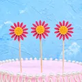 Set of 3 pink sunflower cake toppers with yellow centers on wooden sticks for party decor - 3 Piece Set / Rose Red
