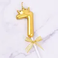 Golden number 7 birthday candle with mini crown and decorative gold mesh bow - Crown Number 7