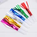 Colorful metallic party blowouts with white mouthpieces for birthdays - Multicolor 6 Pieces