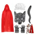 A complete Big Bad Wolf and Red Riding Hood costume set including mask and red cloak. - 160cm Cape Large Gloves 5-Piece Set / Five-Piece Set / Red