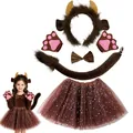 Brown bull animal costume set for kids including horn headband tail and tutu skirt - 5-Piece Set (Kids) / Brown