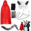 Little Red Riding Hood and Wolf Grandma costume set with red hooded cape and wolf ears - 120cm Cape Small Gloves 6-Piece Set / 6-Piece Set / Red