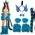 Premium blue furry animal ear and tail cosplay accessory set for fox or wolf costume - 7-Piece Blue Ear Detailed Costume Set