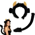Plush black ox horn headband and matching furry tail set for Halloween cosplay costume - Two-Piece Set / Black