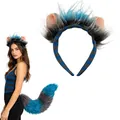 Handmade blue and grey faux fur animal ears headband and matching plush tail set for cosplay - Blue Plush Ear Headband