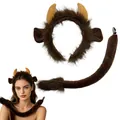 Plush brown ox horn headband and matching tail set for Halloween costume cosplay - Two-Piece Set / Brown