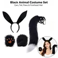 Black faux fur animal costume set featuring ears headband tail and plush paws for cosplay - Set / 3-Piece Set (Headband + Tail + Gloves) / Black