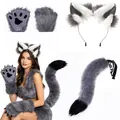 Gray and white plush wolf cosplay set including ears headband, tail and paw gloves - Three-Piece Set / Gray