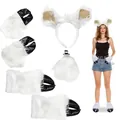 Complete plush white sheep ear headband and black hoof glove set for animal cosplay costumes - 6-Piece Gloves and Foot Covers Set / White