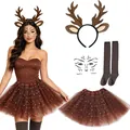 Festive reindeer costume set including antler headband brown tutu skirt and grey socks - Brown Antler 4-Piece Set