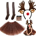 Children's brown reindeer costume set with antler headband, tutu skirt, and socks - Kids / Set / Five-Piece Set / Yellow