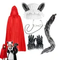 Big Bad Wolf Grandma costume set with red cloak, ears hat, glasses, furry gloves and tail. - 120cm Cape Large Gloves 6-Piece Set / 6-Piece Set / Red