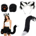 Furry black and white plush wolf ears headband with long tail and paw gloves set - Three-Piece Set / Black and White