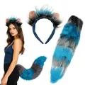Handmade plush blue and grey striped animal ear headband and matching furry tail set - Blue Plush Ear And Tail Set