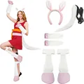 Pink and white Halloween animal ear headband set with plush tail and matching leg covers - 6-Piece Set / White
