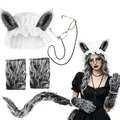 Wolf Grandma costume set with lace cap, wolf ears, glasses, faux fur tail and gloves. - Small Gloves 5-Piece Set / Five-Piece Set / Gray