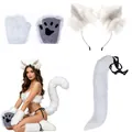 White furry beast ear headband with tail and paw gloves set for Halloween cosplay - Three-Piece Set / White