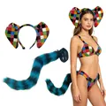Handmade colorful checkered animal ears headband and blue striped plush tail set - Multicolor Plaid Ear And Tail Set
