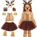 Costume cosplay da renna di Natale per bambine con gilet di corna e tutù marrone completo - Set da 10 Pezzi per Bambini