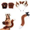 Realistic faux fur fox cosplay accessories set with ears headband fluffy tail and paws - Three-Piece Set / Brown