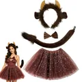 Brown cow animal costume set for Halloween with starry tutu and cow horn headband - 4-Piece Set (Adult) / Brown