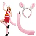 Pink plush rabbit ear headband and tail set with arm warmers for Halloween costume - Two-Piece Set / Pink